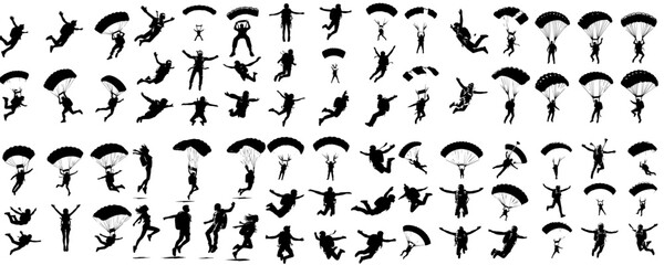 Vector set of parachutists in silhouette style