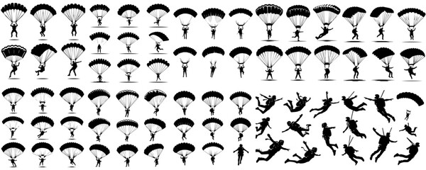 Vector set of parachutists in silhouette style - obrazy, fototapety, plakaty