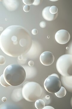 A wallpaper of many bubbles, shiny and small plastic balls are floating and moving, a pile of many metallic spheres in white and grey colors, AI Generated.
