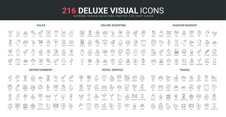 Store offer and sales, travel and entertainment line icons set. Hotel hospitality and room services, vacation calendar and fashion makeup salon thin black outline symbols vector illustration