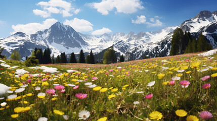 Alpine Meadow Carpet of Wildflowers Beneath Snowy Peak - obrazy, fototapety, plakaty