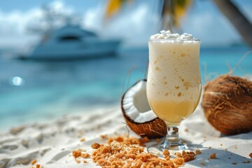 A perfect pina colada cocktail with a coconut next to it against the backdrop of a perfect beach. A blurry white yacht floats in the background - obrazy, fototapety, plakaty