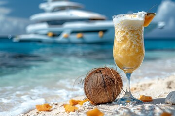 A perfect pina colada cocktail with a coconut next to it against the backdrop of a perfect beach. A blurry white yacht floats in the background - obrazy, fototapety, plakaty