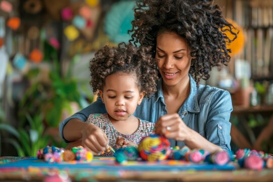 Smiling African American Mother and Daughter Crafting with Colorful Easter Eggs at Home
