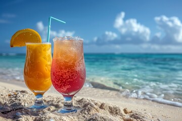 Obraz premium two different cocktails stand in the sand on the edge of the water on a perfect beach in the sand against the backdrop of the blue ocean.