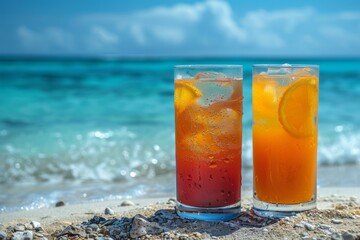Obraz premium two different cocktails stand in the sand on the edge of the water on a perfect beach in the sand against the backdrop of the blue ocean.