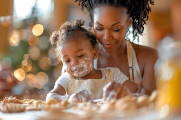 Joyful African American Mother and Cute Toddler Daughter Baking Together in a Sunny Home Kitchen