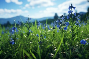  Blue iris flower in garden. blue sky and green grass