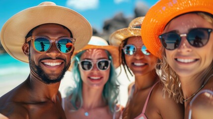 people of different ages and backgrounds apply sunscreen, wear wide-brimmed hats and sunglasses, sit on the sunny beach, help raise awareness of skin cancer and its prevention.