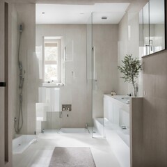 Trendy Bathroom Walk-In Shower Elegant Freestanding Tub 
