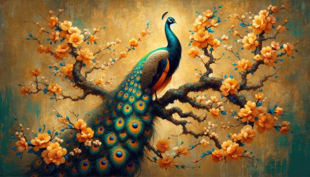 Artistic rendition of a regal peacock perched on a blossoming tree branch, infused with vintage charm and rich colors.