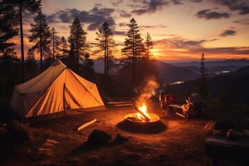 Camping in the night. mountains in the background. 