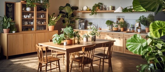 A dining room featuring a sturdy wooden table surrounded by various potted plants. The table is set with utensils and plates, ready for a meal.