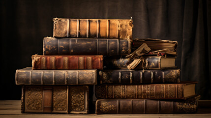 Antique Book Stack  Pile of old books bound in leather - obrazy, fototapety, plakaty