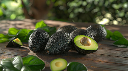 Avocado on a wooden table with leaves.