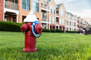 Red fire hydrant in suburban neighborhood in New Jersey - 754222071