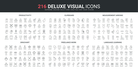 Foreign language learning, size measurement, freelance work line icons set. Org chart organization, clipboard with documents report and contract, thin black outline symbols vector illustration - obrazy, fototapety, plakaty