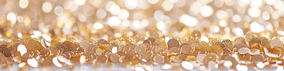 white tablecloth on the table with gold sparkles background.