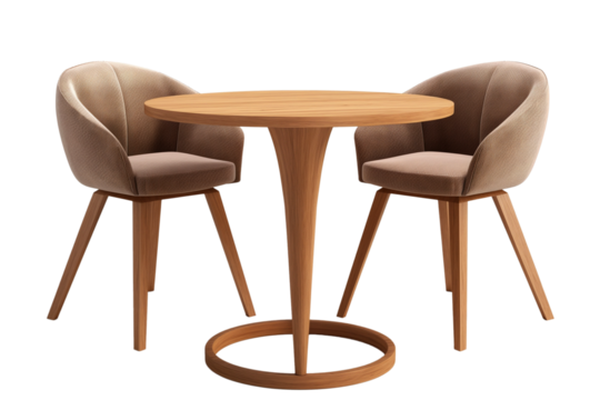 A set of brown armchairs and a wooden round table isolated on a transparent background