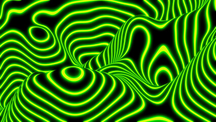 Abstract neon glowing background, 3D green lines  on black, interesting striped modern technology and science design. - obrazy, fototapety, plakaty