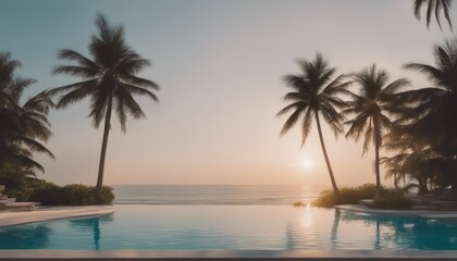 Fototapeta premium photo beautiful outdoor nature landscape with sea ocean and coconut palm tree around swimming pool