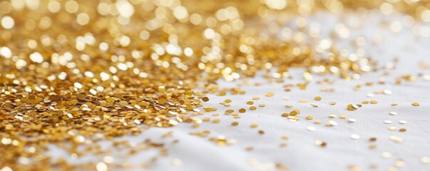 white tablecloth on the table with gold sparkles background.