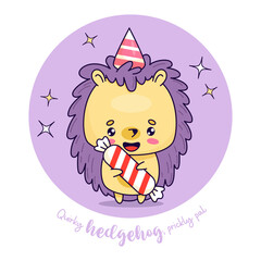 Cute festive hedgehog. Cartoon character birthday boy in cap with large candy. Vector illustration. Funny kawaii animal. Kids collection.