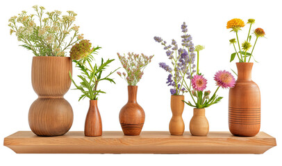 A row of various flowers in a wooden vase rustic on a wooden table on a transparent background