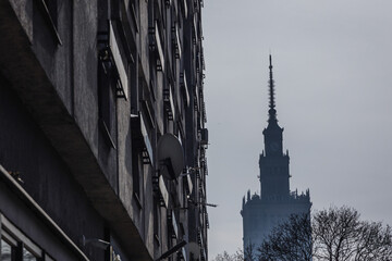 Apartment building and Palace of Culture and Science in downtown of Warsaw, Poland