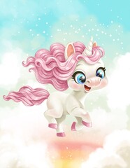 Cute unicorn is rushing somewhere along a rainbow among the clouds