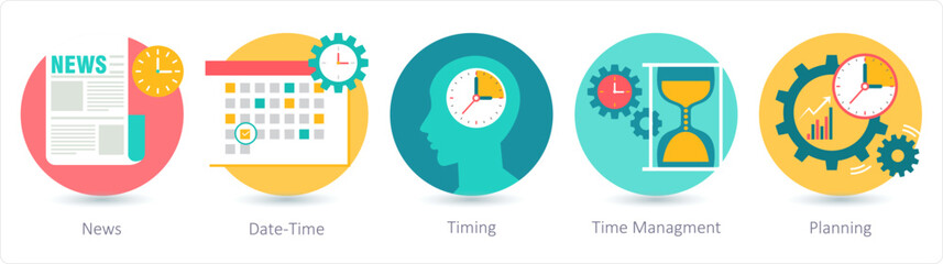 A set of 5 business icons as news, date time, timing, time management