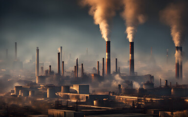 A smog-filled skyline with industrial smokestacks belching pollution into the atmosphere - obrazy, fototapety, plakaty