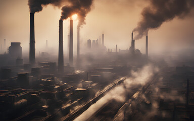 A smog-filled skyline with industrial smokestacks belching pollution into the atmosphere - obrazy, fototapety, plakaty