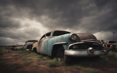 An abandoned, rusting car junkyard stretching into the distance under a gloomy sky - obrazy, fototapety, plakaty