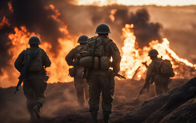 Army soldiers seen from behind in the trenches against a sunset surrounded by fire and smoke