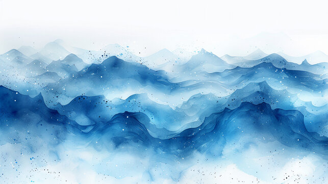 Water color blue painting with wavy line pattern for banner, poster or packaging decoration. Ocean concept