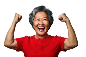 Close up of a happy chinese old woman. Celebrating gesture