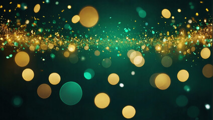Fototapeta na wymiar Emerald green light burst with golden sparkles and bokeh lights.