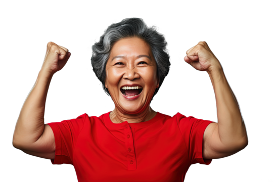 Close up of a happy chinese old woman. Celebrating gesture