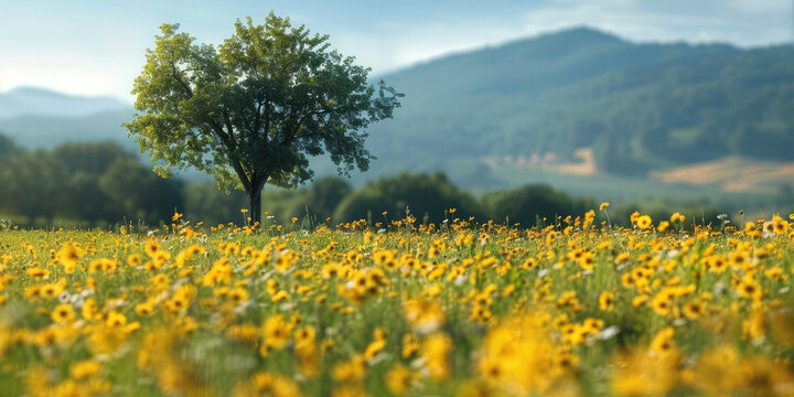 A single tree in the field of yellow wildflowers, reaching toward the sky in the morning.