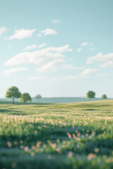 Feld under a cloudy sky. A meadow or plain with grass and flowers surrounding a tree. Nature and summer.