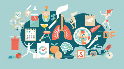 Concept of quitting smoking and healthy lifestyle. World No Tobacco Day. No smoking. Flat illustration with icons and symbols of calendar, cigarettes, lungs