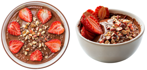 bowl with chocolate pudding topped with sliced strawberries and crushed hazelnuts, isolated on a white background, side and top view, dessert bundle