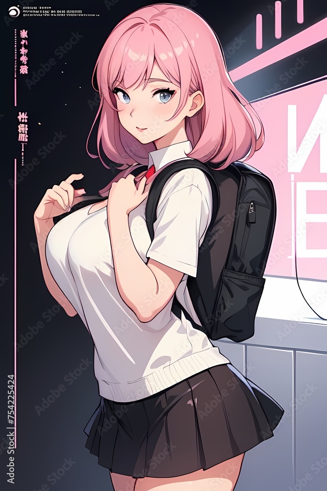 Poster sexy anime girl in miniskirt with a active backpack