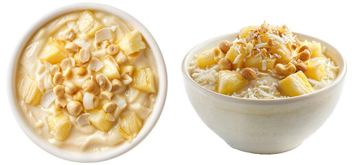 bowl with coconut pudding topped with pineapple chunks and macadamia nuts, isolated on a white background, top and side view, food collection