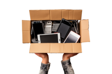 Someone collects used technology gadgets in cardboard. Box with old phones and tablets. Electronic waste
