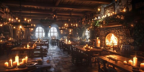 Fototapeta na wymiar Medieval tavern with candlelit tables and cozy fireplace animated scene concept. Concept Medieval Tavern, Candlelit Tables, Cozy Fireplace, Animated Scene Concept