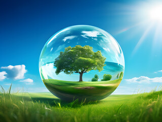 earth-viewed-as-a-small-globe-centered-in-a-vast-verdant-meadow-a-single-tree-adorning-its-surface