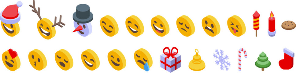Christmas emoticons icons set isometric vector. Santa Claus face. Expression face