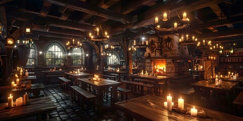 Illuminated scene of a medieval tavern with candlelit tables and a cozy fireplace concept. Concept Medieval Tavern, Candlelit Ambiance, Cozy Fireplace, Historical Setting